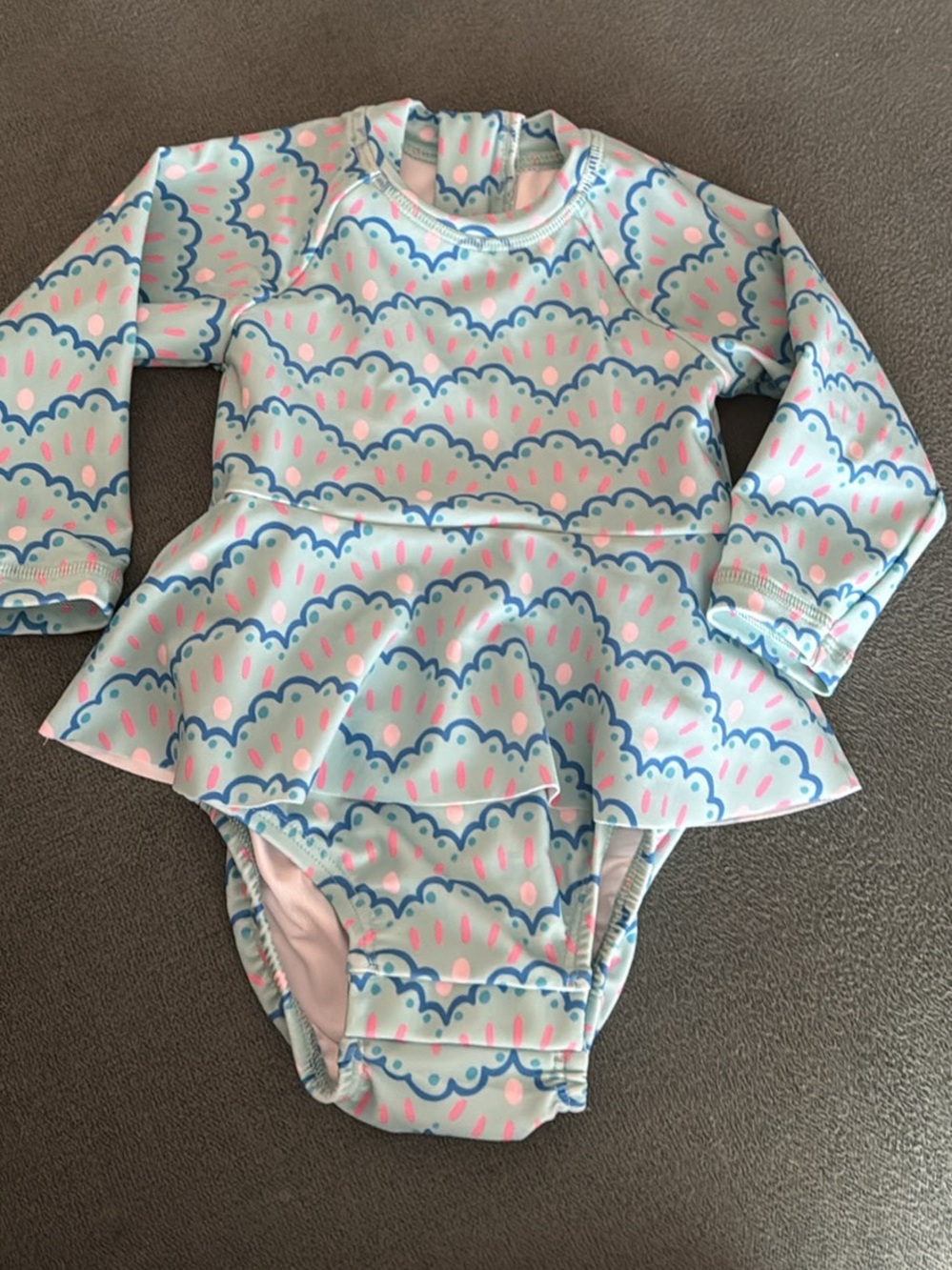 Hanna Andersson Long-Sleeve Peplum One-Piece Swimsuit - Light Blue & Pink